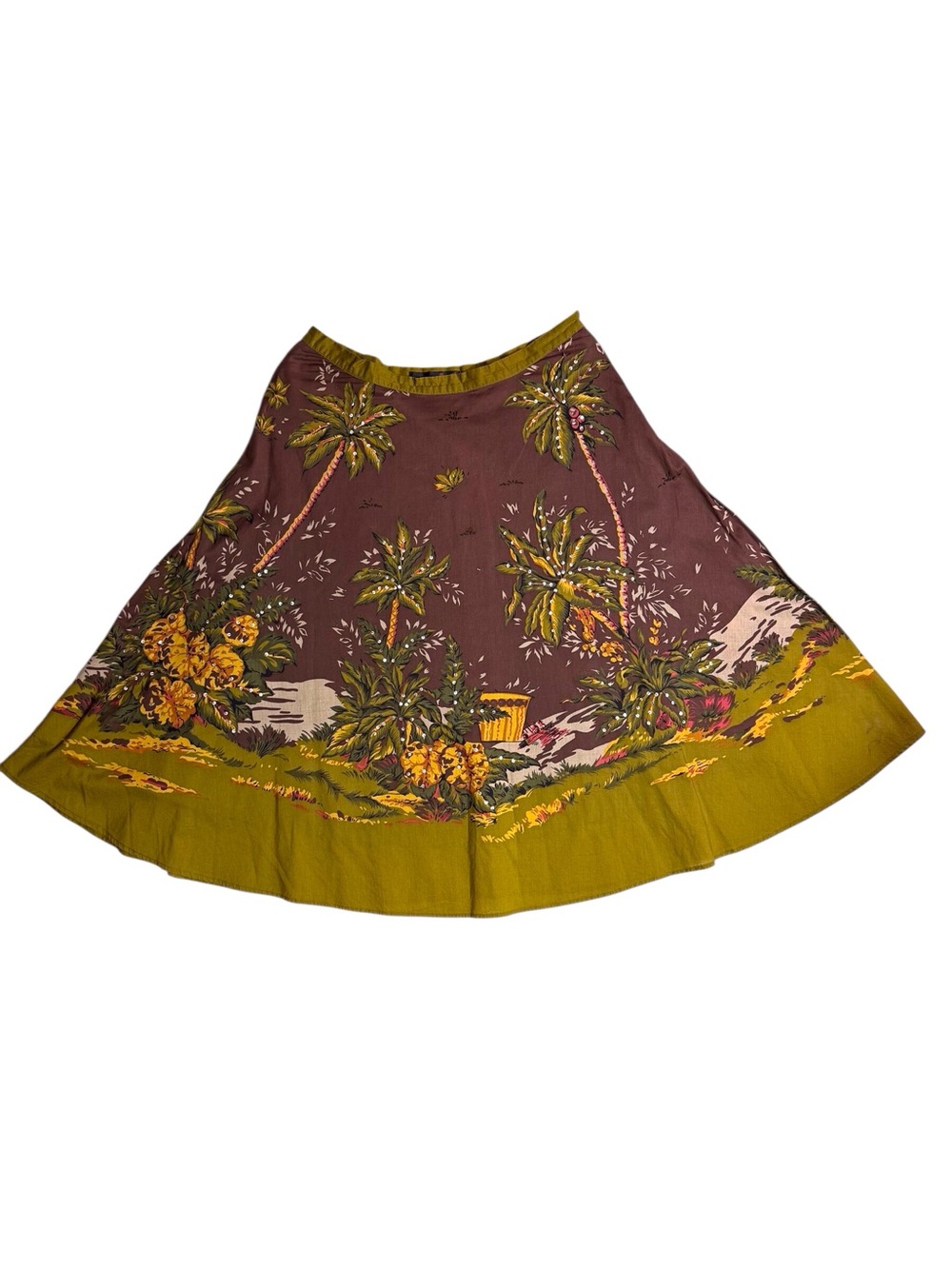 Willi Smith tropical brown & olive palm print skirt w/sequin embellishment sz 10